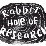 Rabbit Hole of Research Newsletter Logo. A swirling design with Block Bubble Letters on top Spelling out Rabbit Hole of Research 
